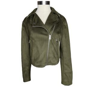 Topshop Faux Suede Moto Jacket Lux Olive Green With Silver Hardware Size 6